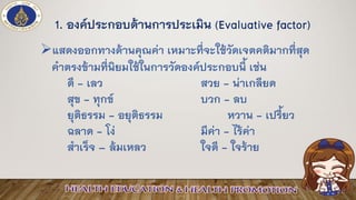 1. องค์ประกอบด้านการประเมิน (Evaluative factor)
➢แสดงออกทางด้านคุณค่า เหมาะที่จะใช้วัดเจตคติมากที่สุด
คาตรงข้ามที่นิยมใช้ในการวัดองค์ประกอบนี้ เช่น
ดี - เลว สวย - น่าเกลียด
สุข - ทุกข์ บวก - ลบ
ยุติธรรม - อยุติธรรม หวาน - เปรี้ยว
ฉลาด - โง่ มีค่า - ไร้ค่า
สาเร็จ – ล้มเหลว ใจดี - ใจร้าย
 