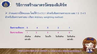 วิธีการสร้างมาตรวัดของลิเคิร์ท
ข้อความเชิงบวก 5 4 3 2 1
ข้อความเชิงลบ 1 2 3 4 5
เห็นด้วย
อย่างยิ่ง
เห็นด้วย ไม่แน่ใจ ไม่เห็นด้วย ไม่เห็นด้วย
อย่างยิ่ง
➢ กาหนดการให้คะแนน โดยให้ 5 4 3 2 1 สาหรับข้อความทางบวก และ 1 2 3 4 5
สาหรับข้อความทางลบ (เรียก Arbitary weighting method)
 