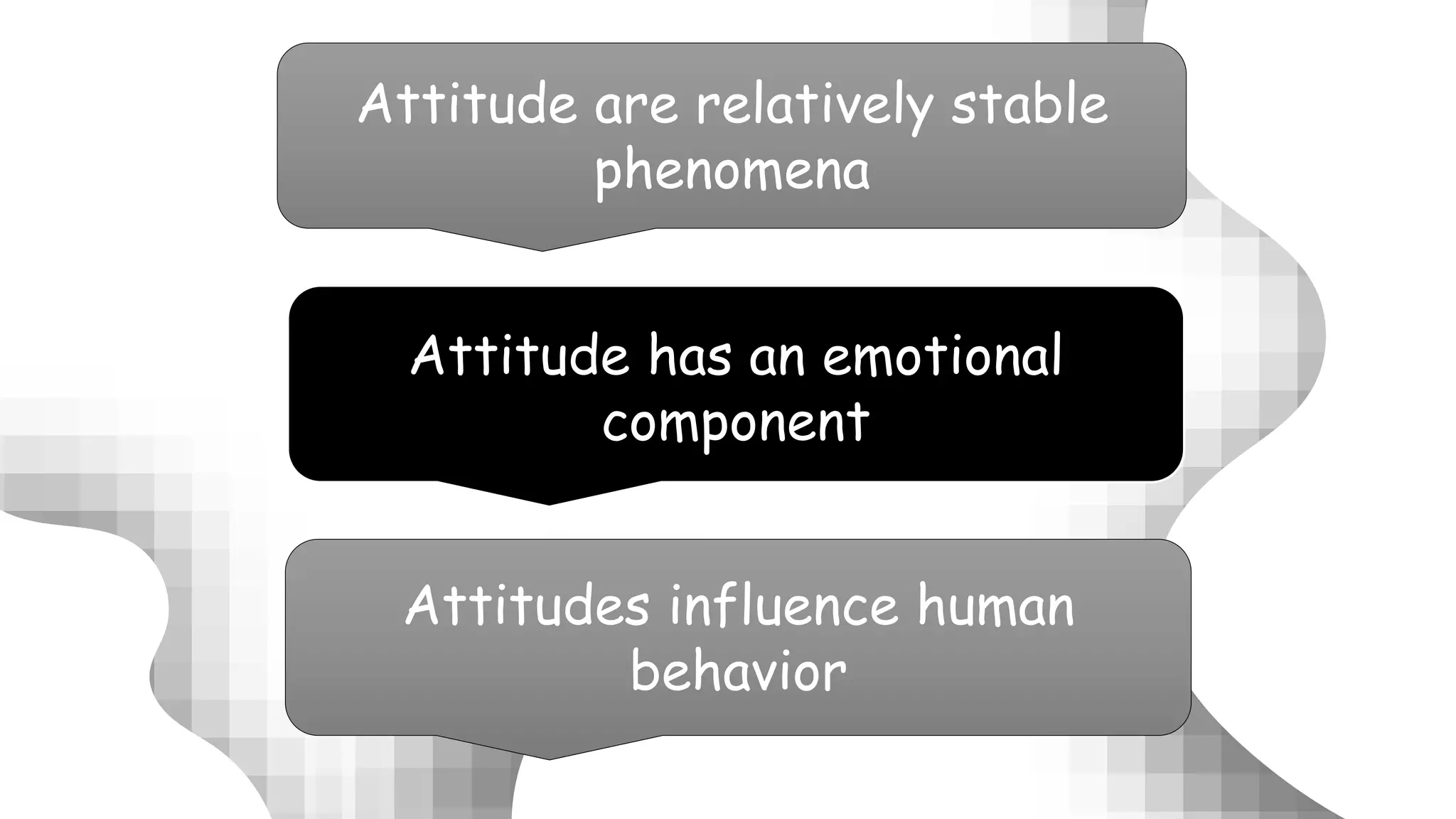 Attitude are relatively stable
phenomena
Attitude has an emotional
component
Attitudes influence human
behavior