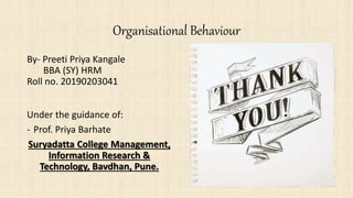 Organisational Behaviour
By- Preeti Priya Kangale
BBA (SY) HRM
Roll no. 20190203041
Under the guidance of:
- Prof. Priya Barhate
Suryadatta College Management,
Information Research &
Technology, Bavdhan, Pune.
 