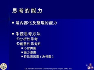思考的能力 是內部化及整理的能力 系統思考方法 分析性思考 創意性思考… 心智輿圖 腦力激盪 特性要因圖 ( 魚骨圖 ) 