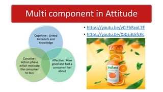 Multi component in Attitude
Cognitive : Linked
to beliefs and
Knowledge
Affective : How
good and bad a
consumer feel
about
Conative :
Action phase
which motivate
the consumer
to buy
• https://youtu.be/vCIFhFaoL7E
• https://youtu.be/XzbE3LkfcKc
 