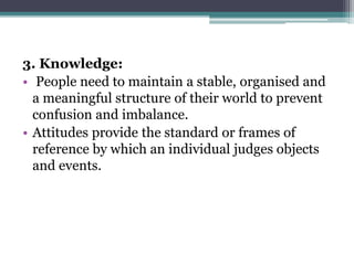 3. Knowledge:
• People need to maintain a stable, organised and
a meaningful structure of their world to prevent
confusion and imbalance.
• Attitudes provide the standard or frames of
reference by which an individual judges objects
and events.
 