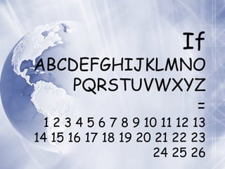 If ABCDEFGHIJKLMNOPQRSTUVWXYZ = 1 2 3 4 5 6 7 8 9 10 11 12 13 14 15 16 17 18 19 20 21 22 23 24 25 26 