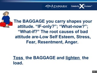 The BAGGAGE you carry shapes your
 attitude. “IF-only?”; “What-now?”;
  “What-if?” The root causes of bad
attitude are-Low Self Esteem, Stress,
      Fear, Resentment, Anger.


Toss the BAGGAGE and lighten the
load.
                                        15
 