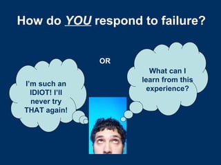 How do YOU respond to failure?


                 OR
                         What can I
                      learn from this
 I’m such an
                        experience?
   IDIOT! I’ll
   never try
 THAT again!
 