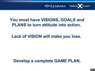 You must have VISIONS, GOALS and
 PLANS to turn attitude into action.

Lack of VISION will make you lose.




 Develop a complete GAME PLAN.
                                       27
 