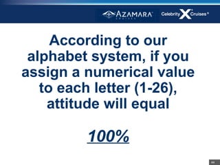 According to our
 alphabet system, if you
assign a numerical value
   to each letter (1-26),
    attitude will equal

         100%
                            44
 