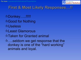 First & Most Likely Responses…!! <ul><li>Donkey…..!!!!! </li></ul><ul><li>Good for Nothing </li></ul><ul><li>Useless </li>...