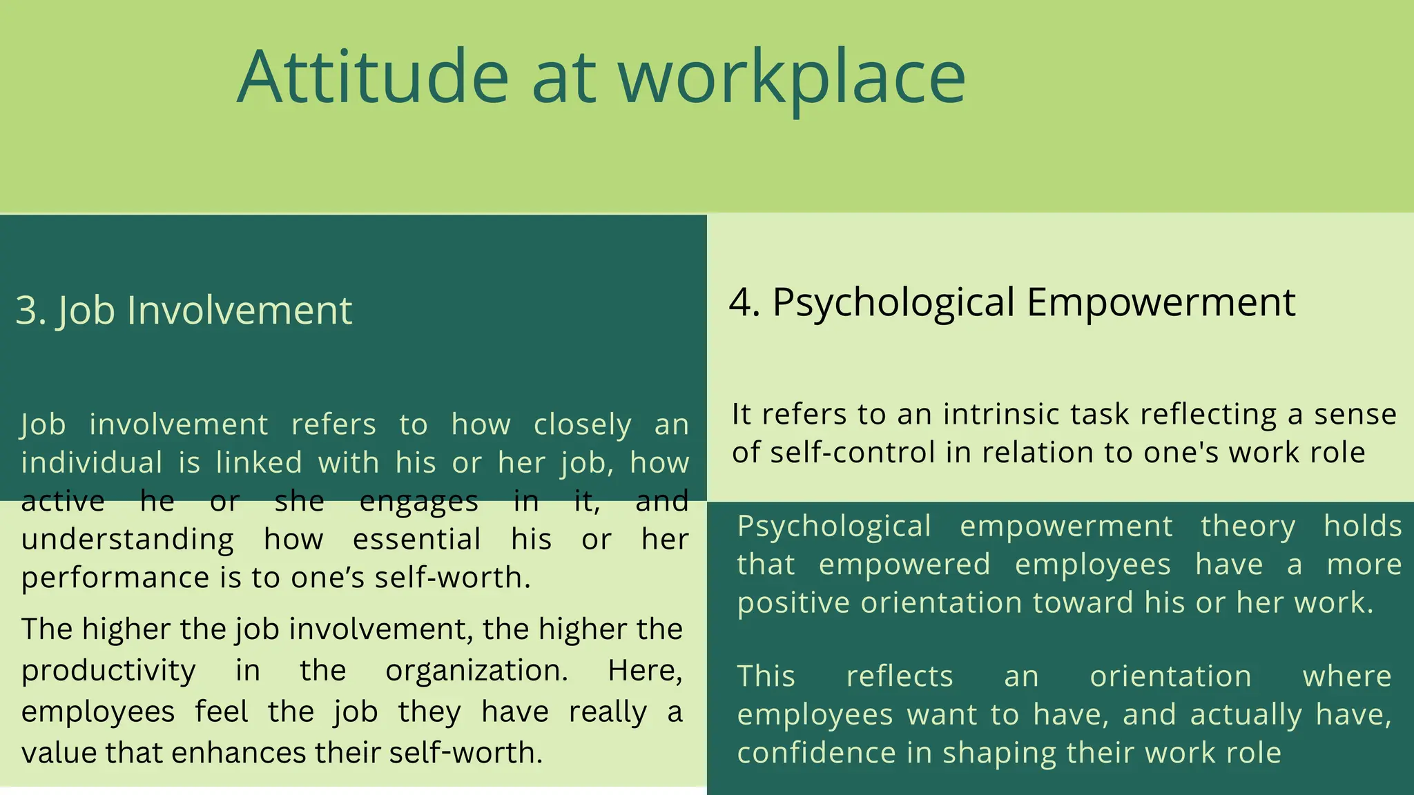 Attitude at workplace
3. Job Involvement
It refers to an intrinsic task reflecting a sense
of self-control in relation to one's work role
Job involvement refers to how closely an
individual is linked with his or her job, how
active he or she engages in it, and
understanding how essential his or her
performance is to one’s self-worth.
4. Psychological Empowerment
The higher the job involvement, the higher the
productivity in the organization. Here,
employees feel the job they have really a
value that enhances their self-worth.
Psychological empowerment theory holds
that empowered employees have a more
positive orientation toward his or her work.
This reflects an orientation where
employees want to have, and actually have,
confidence in shaping their work role
 