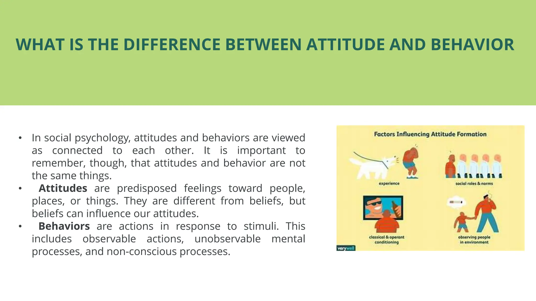 WHAT IS THE DIFFERENCE BETWEEN ATTITUDE AND BEHAVIOR
• In social psychology, attitudes and behaviors are viewed
as connected to each other. It is important to
remember, though, that attitudes and behavior are not
the same things.
• Attitudes are predisposed feelings toward people,
places, or things. They are different from beliefs, but
beliefs can influence our attitudes.
• Behaviors are actions in response to stimuli. This
includes observable actions, unobservable mental
processes, and non-conscious processes.
 