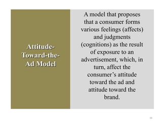 Attitude-
Toward-the-
Ad Model
A model that proposes
that a consumer forms
various feelings (affects)
and judgments
(cognitions) as the result
of exposure to an
advertisement, which, in
turn, affect the
consumer’s attitude
toward the ad and
attitude toward the
brand.
16
 