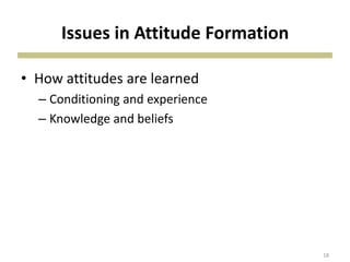 Issues in Attitude Formation
• How attitudes are learned
– Conditioning and experience
– Knowledge and beliefs
18
 