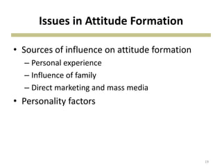 Issues in Attitude Formation
• Sources of influence on attitude formation
– Personal experience
– Influence of family
– Direct marketing and mass media
• Personality factors
19
 