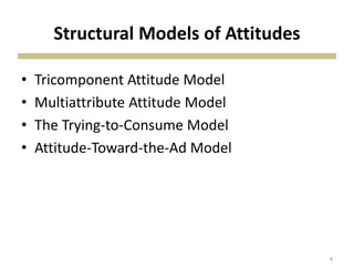 Structural Models of Attitudes
• Tricomponent Attitude Model
• Multiattribute Attitude Model
• The Trying-to-Consume Model
• Attitude-Toward-the-Ad Model
4
 
