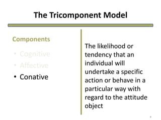 The Tricomponent Model
• Cognitive
• Affective
• Conative
The likelihood or
tendency that an
individual will
undertake a specific
action or behave in a
particular way with
regard to the attitude
object
Components
8
 