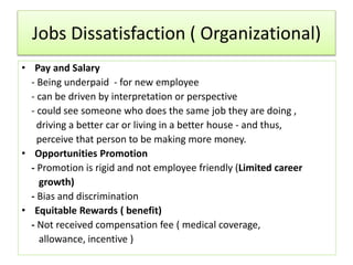 Jobs Dissatisfaction ( Organizational)
• Pay and Salary
- Being underpaid - for new employee
- can be driven by interpretation or perspective
- could see someone who does the same job they are doing ,
driving a better car or living in a better house - and thus,
perceive that person to be making more money.
• Opportunities Promotion
- Promotion is rigid and not employee friendly (Limited career
growth)
- Bias and discrimination
• Equitable Rewards ( benefit)
- Not received compensation fee ( medical coverage,
allowance, incentive )
 