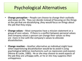 Psychological Alternatives
• Change perception – People can choose to change their outlooks
and views on life. They can decide instead of focusing on the things
at the job that are dissatisfying ,they would focus on things about
the job that they enjoy.
• Change values – Most companies have a mission statement or a
group of core values. If there is a conflict between personal values
and company values a person can change their values so they
are more in line with the company’s values to alleviate
dissatisfaction.
• Change reaction – Another alternative an individual might have
when experiencing dissatisfaction would be to avoid it using
psychological defense mechanisms such as repression and evasion
(Henne & Locke, 1985). He or she may choose to avoid aspects of
the job they are unhappy with, or he or she may suppress their
unhappiness.
 