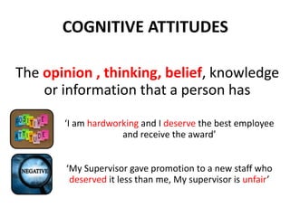COGNITIVE ATTITUDES
The opinion , thinking, belief, knowledge
or information that a person has
‘I am hardworking and I deserve the best employee
and receive the award’
‘My Supervisor gave promotion to a new staff who
deserved it less than me, My supervisor is unfair’
 