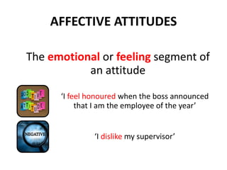 AFFECTIVE ATTITUDES
The emotional or feeling segment of
an attitude
‘I feel honoured when the boss announced
that I am the employee of the year’
‘I dislike my supervisor’
 