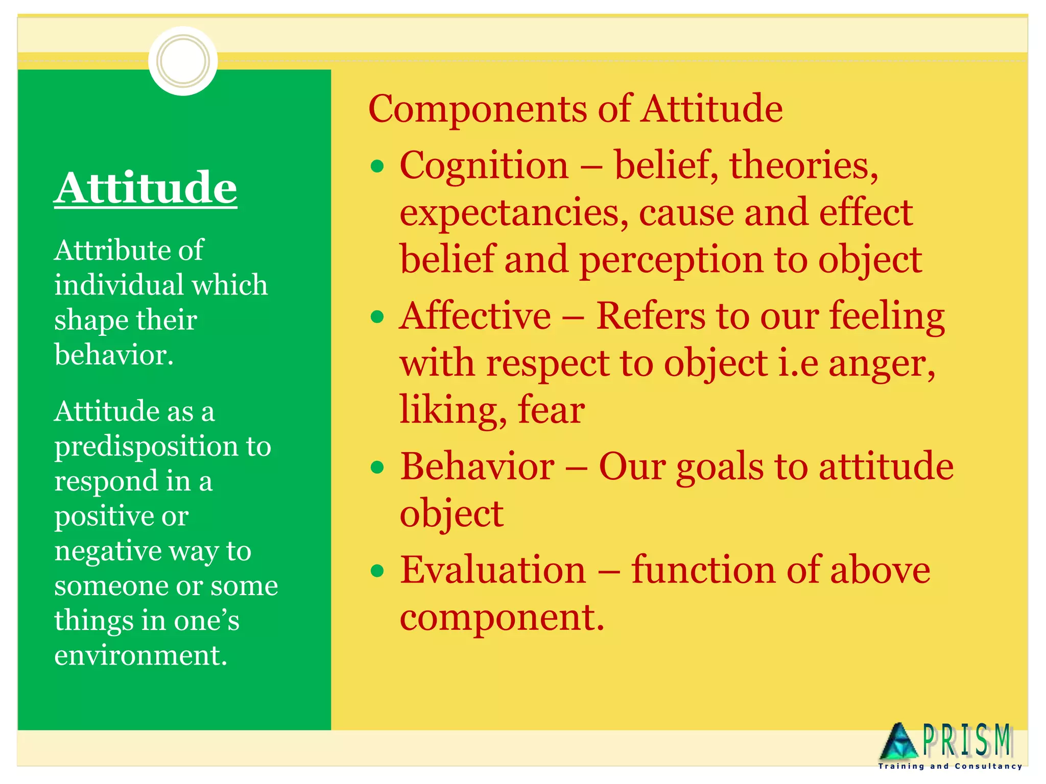Attitude
Attribute of
individual which
shape their
behavior.
Attitude as a
predisposition to
respond in a
positive or
negative way to
someone or some
things in one’s
environment.
Components of Attitude
 Cognition – belief, theories,
expectancies, cause and effect
belief and perception to object
 Affective – Refers to our feeling
with respect to object i.e anger,
liking, fear
 Behavior – Our goals to attitude
object
 Evaluation – function of above
component.
T r a i n i n g a n d C o n s u l t a n c y
 