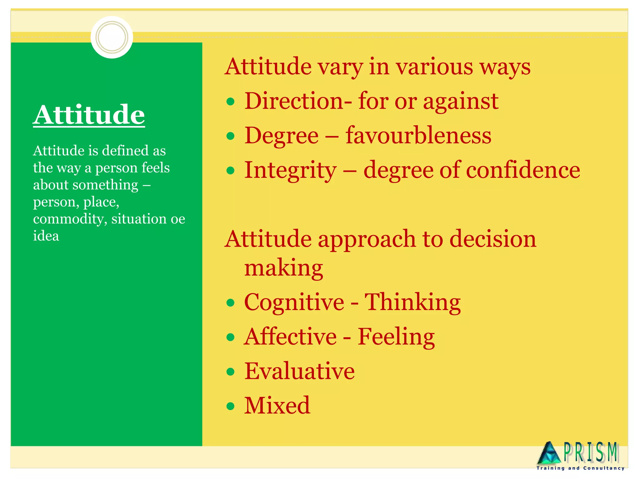 Attitude
Attitude is defined as
the way a person feels
about something –
person, place,
commodity, situation oe
idea
Attitude vary in various ways
 Direction- for or against
 Degree – favourbleness
 Integrity – degree of confidence
Attitude approach to decision
making
 Cognitive - Thinking
 Affective - Feeling
 Evaluative
 Mixed
T r a i n i n g a n d C o n s u l t a n c y
 