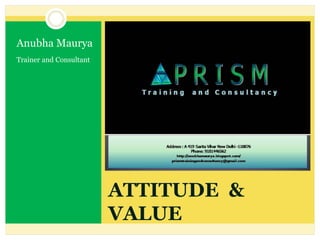 ATTITUDE &
VALUE
Anubha Maurya
Trainer and Consultant
 