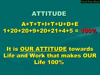 ATTITUDEATTITUDE
A+T+T+I+T+U+D+EA+T+T+I+T+U+D+E
1+20+20+9+20+21+4+5 =1+20+20+9+20+21+4+5 = 100%100%
It isIt is OUR ATTITUDEOUR ATTITUDE towardstowards
Life and Work that makes OURLife and Work that makes OUR
Life 100%Life 100%
 