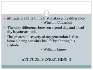  Attitude is a little thing that makes a big difference. 
- Winston Churchill 
 The only difference between a good day and a bad 
day is your attitude. 
 The greatest discovery of my generation is that 
human being can alter his life by altering his 
attitude. 
- William James 
ATTITUDE IS EVERYTHING!!! 
 
