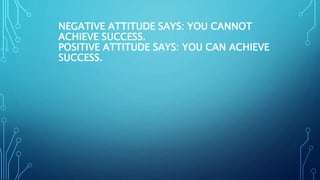 NEGATIVE ATTITUDE SAYS: YOU CANNOT
ACHIEVE SUCCESS.
POSITIVE ATTITUDE SAYS: YOU CAN ACHIEVE
SUCCESS.
 