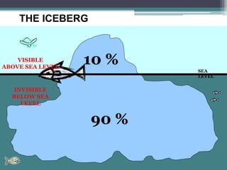 THE ICEBERG
SEA
LEVEL
10 %
90 %
VISIBLE
ABOVE SEA LEVEL
INVISIBLE
BELOW SEA
LEVEL
 