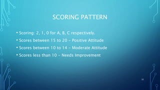 SCORING PATTERN
• Scoring: 2, 1, 0 for A, B, C respectively.
• Scores between 15 to 20 - Positive Attitude
• Scores between 10 to 14 - Moderate Attitude
• Scores less than 10 - Needs Improvement
32
 
