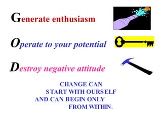 G enerate enthusiasm  O perate to your potential D estroy negative attitude CHANGE CAN START WITH OURSELF AND CAN BEGIN ONLY  FROM WITHIN. 