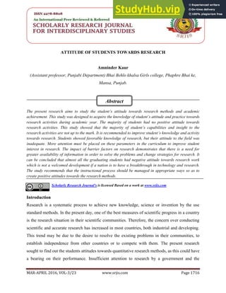 ATTITUDE OF STUDENTS TOWARDS RESEARCH | PDF