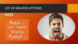 LIST OF NEGATIVE ATTITUDE
ANGER
 
