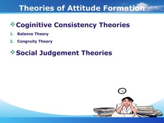 Theories of Attitude Formation
Coginitive Consistency Theories
1. Balance Theory
2. Congruity Theory
Social Judgement Th...