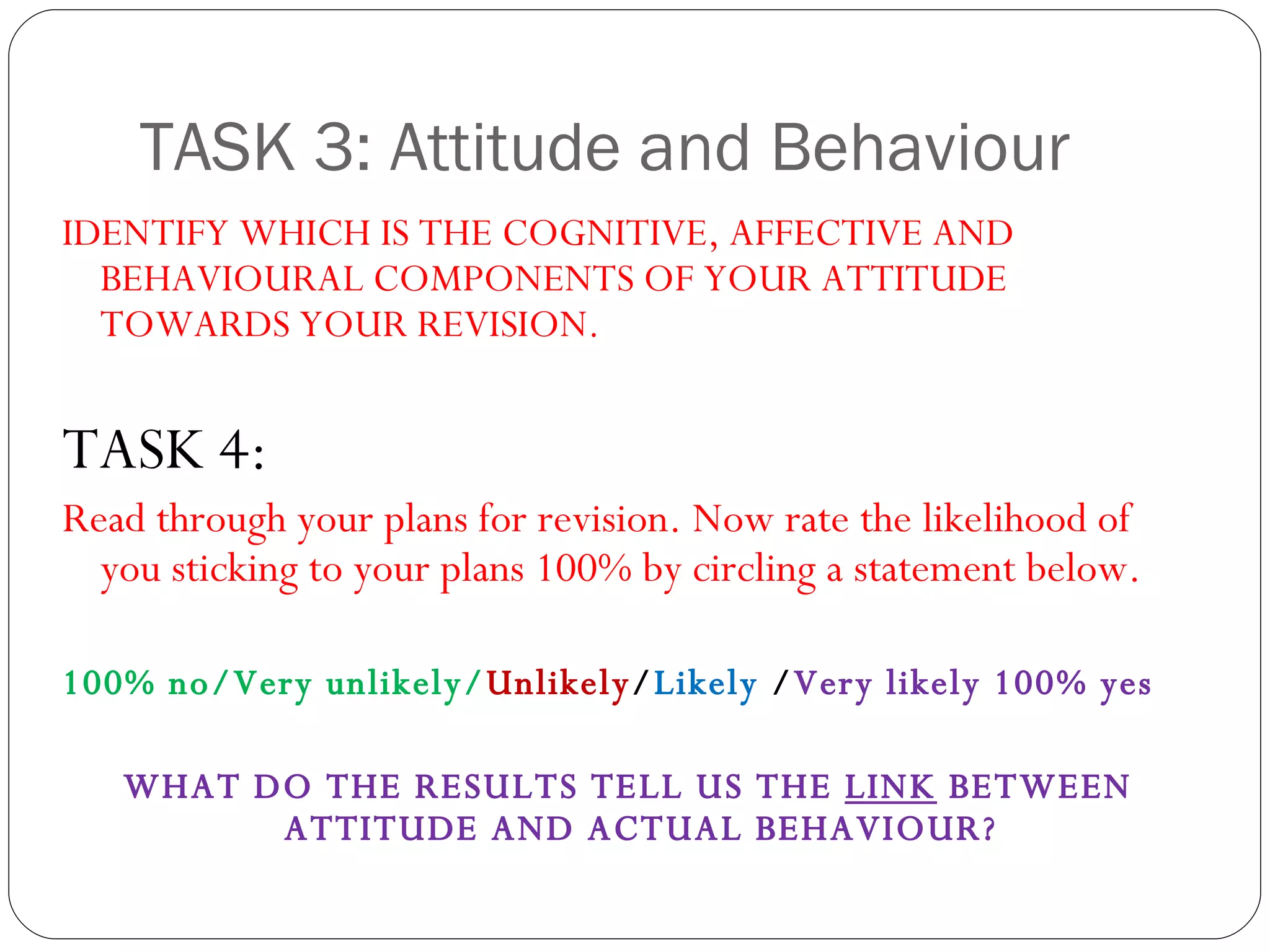 TASK 3: Attitude and Behaviour IDENTIFY WHICH IS THE COGNITIVE, AFFECTIVE AND BEHAVIOURAL COMPONENTS OF YOUR ATTITUDE TOWARDS YOUR REVISION.  TASK 4: Read through your plans for revision. Now rate the likelihood of you sticking to your plans 100% by circling a statement below.  100% no/Very unlikely/ Unlikely / Likely  / Very likely 100% yes WHAT DO THE RESULTS TELL US THE  LINK  BETWEEN ATTITUDE AND ACTUAL BEHAVIOUR?   
