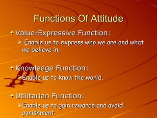 Functions Of Attitude Value-Expressive Function: Enable us to express who we are and what we believe in. Knowledge Function: Enable us to know the world. Utilitarian Function: Enable us to gain rewards and avoid punishment. 