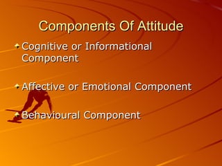 Components Of Attitude Cognitive or Informational Component Affective or Emotional Component Behavioural Component 