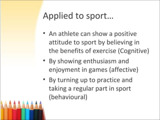 Applied to sport…
• An athlete can show a positive
  attitude to sport by believing in
  the benefits of exercise (Cognitive)
• By showing enthusiasm and
  enjoyment in games (affective)
• By turning up to practice and
  taking a regular part in sport
  (behavioural)
 