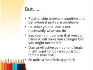 But……
• Relationship between cognitive and
  behavioural parts are unreliable
• i.e. what you believe is not
  necessarily what you do
• E.g. you might believe that weight
  training will make you stronger but
  you might not do it!!
• Due to Affective component (male
  might want to look muscular but
  female may not!)
• So quite a simplistic approach
 
