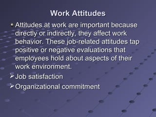 Work Attitudes
  Attitudes at work are important because
  directly or indirectly, they affect work
  behavior. These job-related attitudes tap
  positive or negative evaluations that
  employees hold about aspects of their
  work environment.
 Job satisfaction
 Organizational commitment
 