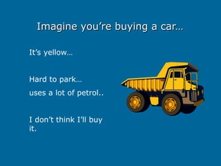Imagine you’re buying a car…
Imagine you’re buying a car…
It’s yellow…
Hard to park…
uses a lot of petrol..
I don’t think I’ll buy
it.
 