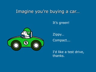 Imagine you’re buying a car…
Imagine you’re buying a car…
It’s green!
Zippy…
Compact...
I’d like a test drive,
thanks.
 