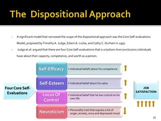  A significant model that narrowed the scope of the dispositional approach was the Core Self-evaluations 
Model, proposed by Timothy A. Judge, Edwin A. Locke, and Cathy C. Durham in 1997. 
 Judge et al. argued that there are four Core Self-evaluations that is a bottom-line conclusions individuals 
have about their capacity, competence, and worth as a person. 
Self-Efficacy • Individual beliefs about his competence 
Self-Esteem • Individual belief about his value 
• Individual belief that he has control on his 
own life 
Locus Of 
Control 
• Personality trait that express a lot of 
anger, anxiety, envy and depressed mood Neuroticism 
Four Core Self- 
Evaluations 
JOB 
SATISFACTION 
28 
 