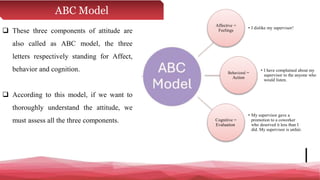 ABC Model
 These three components of attitude are
also called as ABC model, the three
letters respectively standing for Affect,
behavior and cognition.
 According to this model, if we want to
thoroughly understand the attitude, we
must assess all the three components.
Affective =
Feelings
• I dislike my supervisor!
Behavioral =
Action
• I have complained about my
supervisor to the anyone who
would listen.
Cognitive =
Evaluation
• My supervisor gave a
promotion to a coworker
who deserved it less than I
did. My supervisor is unfair.
 