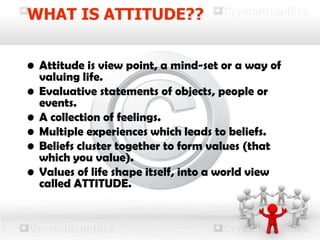 WHAT IS ATTITUDE??
• Attitude is view point, a mind-set or a way of
valuing life.
• Evaluative statements of objects, people or
events.
• A collection of feelings.
• Multiple experiences which leads to beliefs.
• Beliefs cluster together to form values (that
which you value).
• Values of life shape itself, into a world view
called ATTITUDE.
 