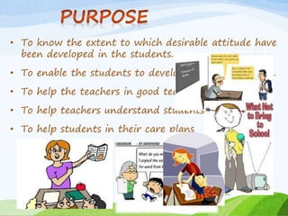 • To know the extent to which desirable attitude have 
been developed in the students. 
• To enable the students to develop desirable attitude. 
• To help the teachers in good teaching 
• To help teachers understand students 
• To help students in their care plans 
 