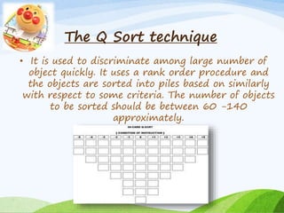The Q Sort technique 
• It is used to discriminate among large number of 
object quickly. It uses a rank order procedure and 
the objects are sorted into piles based on similarly 
with respect to some criteria. The number of objects 
to be sorted should be between 60 -140 
approximately. 
 