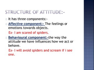 It has three components:-
Affective component:- The feelings or
emotions towards objects.
Ex- I am scared of spiders.
Behavioural component:-the way the
attitude we have influences how we act or
behave.
Ex- I will avoid spiders and scream if i see
one.
 